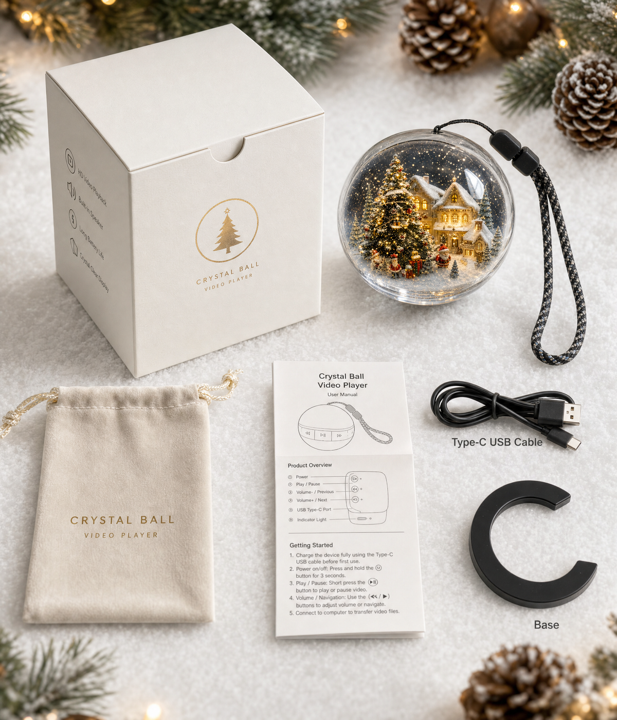 Crystal Ball Video Player - Packaging complet avec boîte blanche, câble USB-C et base