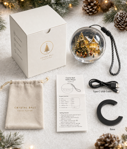 Crystal Ball Video Player - Packaging complet avec boîte blanche, câble USB-C et base