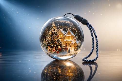 Crystal Ball Video Player - Scène de Noël lumineuse sur fond bleu